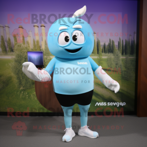 Sky Blue Moussaka mascot costume character dressed with a Yoga Pants and Smartwatches