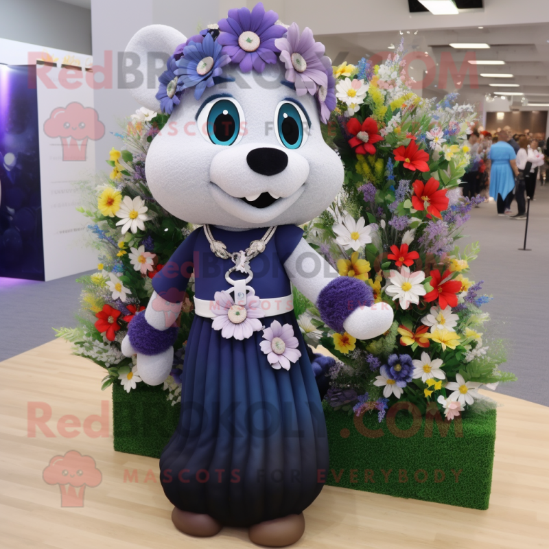 Navy Bouquet Of Flowers mascot costume character dressed with a Maxi Dress and Necklaces