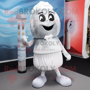 Silver Ice Cream mascot costume character dressed with a Maxi Skirt and Tie pins