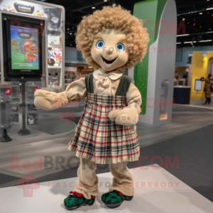 Beige Irish Dancer mascot costume character dressed with a Flannel Shirt and Coin purses