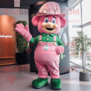 Pink Leprechaun Hat mascot costume character dressed with a Dungarees and Mittens