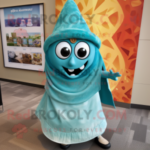 Cyan Enchiladas mascot costume character dressed with a Wrap Skirt and Hairpins