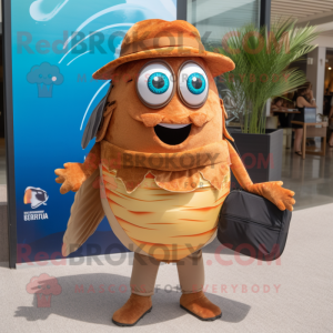 Brown Fish Tacos mascot costume character dressed with a Swimwear and Messenger bags