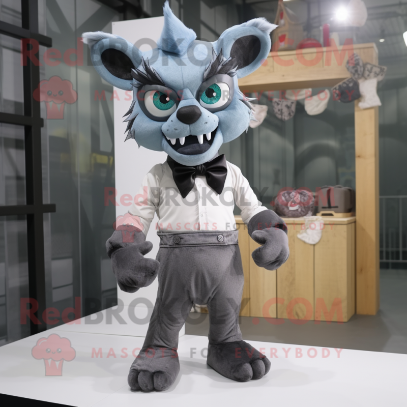 Gray Demon mascot costume character dressed with a Overalls and Bow ties