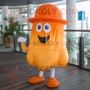 Orange Jellyfish mascot costume character dressed with a Capri Pants and Hat pins