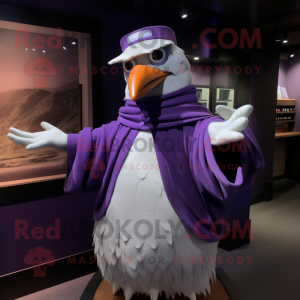 Purple Gull mascot costume character dressed with a Cover-up and Gloves