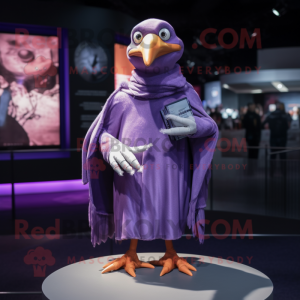 Purple Gull mascot costume character dressed with a Cover-up and Gloves