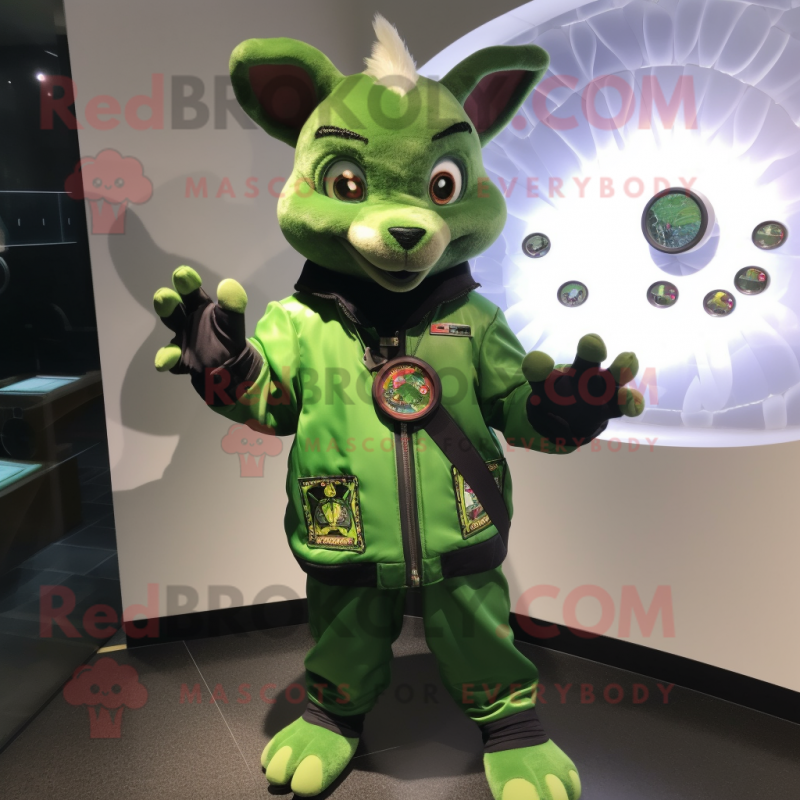 Green Chupacabra mascot costume character dressed with a Bomber Jacket and Coin purses