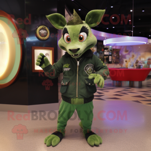 Green Chupacabra mascot costume character dressed with a Bomber Jacket and Coin purses
