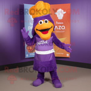 Purple Paella mascot costume character dressed with a Graphic Tee and Cummerbunds