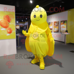 Lemon Yellow Chocolates mascot costume character dressed with a Bodysuit and Shawl pins