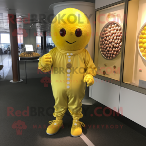 Lemon Yellow Chocolates mascot costume character dressed with a Bodysuit and Shawl pins