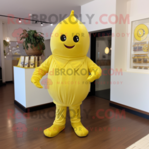 Lemon Yellow Chocolates mascot costume character dressed with a Bodysuit and Shawl pins