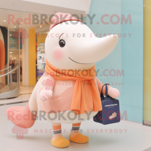 Peach Humpback Whale mascot costume character dressed with a Sweater and Handbags