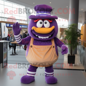 Purple Hamburger mascot costume character dressed with a Dungarees and Shoe clips