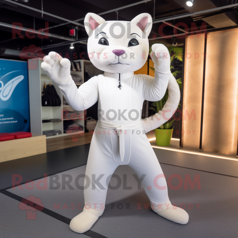 White Jaguarundi mascot costume character dressed with a Yoga Pants and Cummerbunds