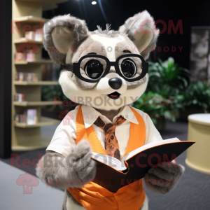 Peach Civet mascot costume character dressed with a Dress Shirt and Reading glasses