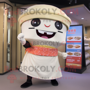 Beige Sushi mascot costume character dressed with a Chambray Shirt