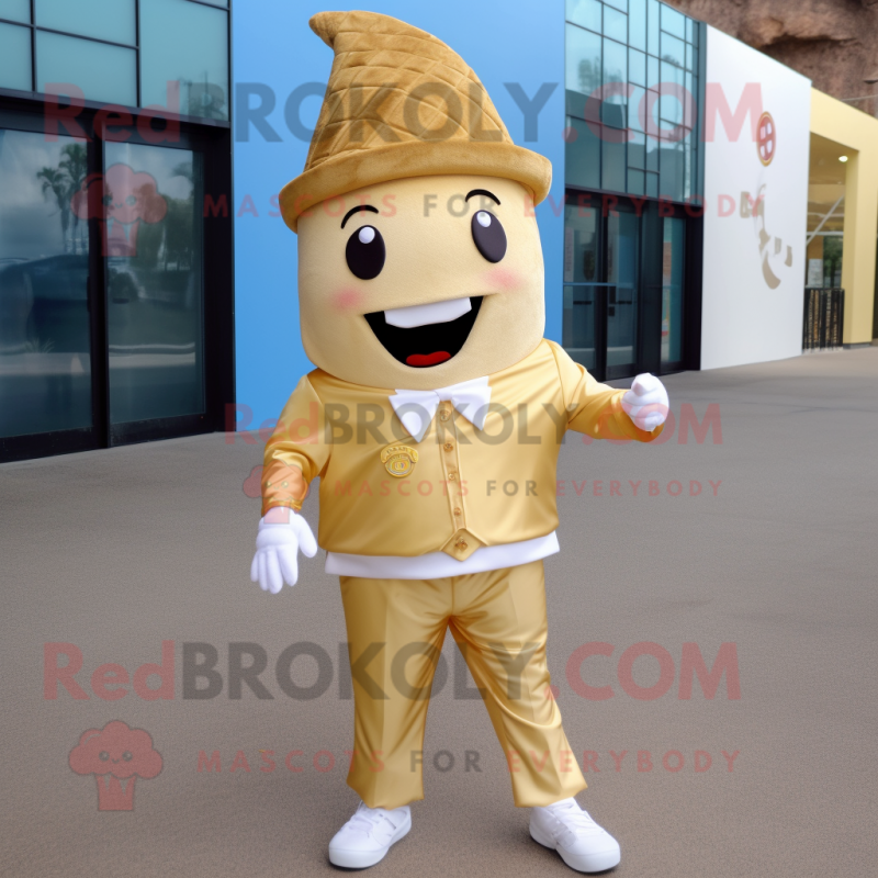 Gold Ice Cream Cone mascot costume character dressed with a Chinos and Shoe clips