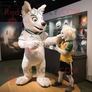 White Dingo mascot costume character dressed with a Rugby Shirt and Watches