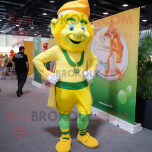 Lemon Yellow Leprechaun mascot costume character dressed with a Running Shorts and Suspenders