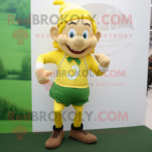 Lemon Yellow Leprechaun mascot costume character dressed with a Running Shorts and Suspenders