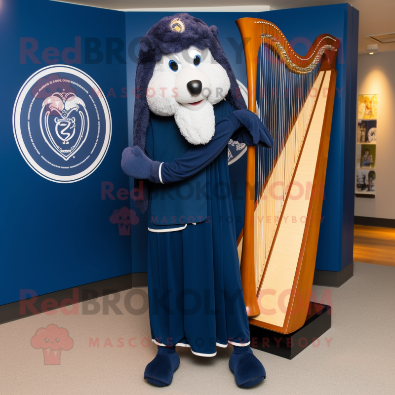 Navy Celtic Harp mascot costume character dressed with a Jumpsuit and Shoe clips
