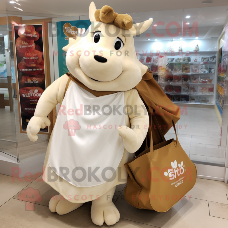 Cream Beef Wellington mascot costume character dressed with a Pencil Skirt and Tote bags
