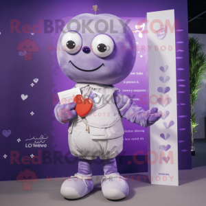 Lavender Love Letter mascot costume character dressed with a Jumpsuit and Necklaces