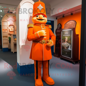 Orange British Royal Guard mascot costume character dressed with a Henley Tee and Cufflinks