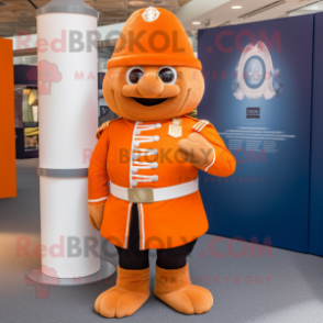 Orange British Royal Guard mascot costume character dressed with a Henley Tee and Cufflinks