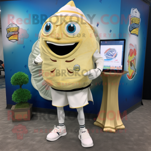 Cream Fish Tacos mascot costume character dressed with a Running Shorts and Coin purses