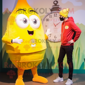 Yellow Shakshuka mascot costume character dressed with a Skinny Jeans and Watches
