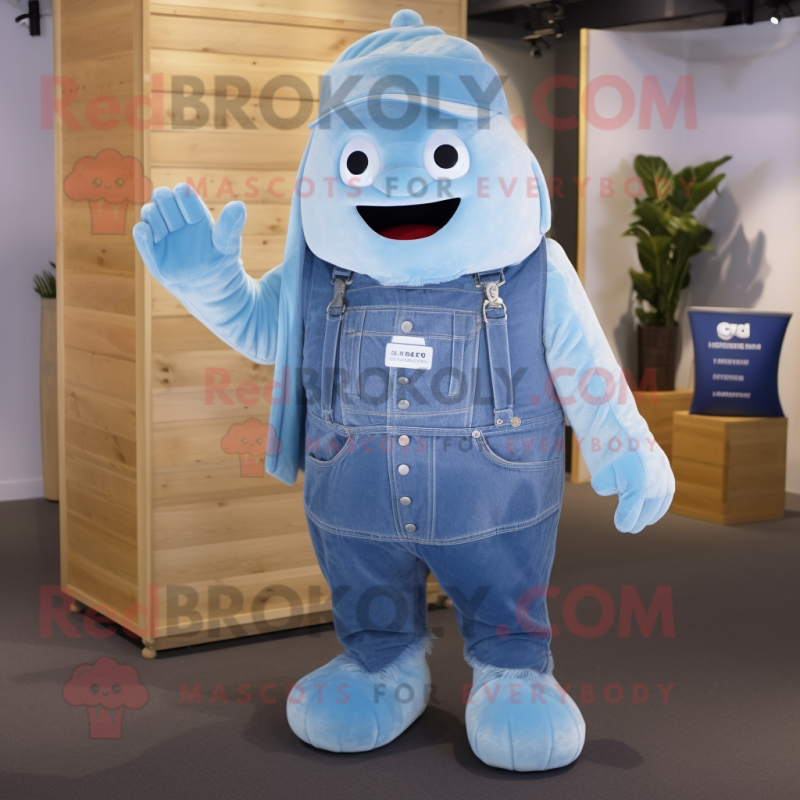Sky Blue Ice mascot costume character dressed with a Dungarees and Shawl pins