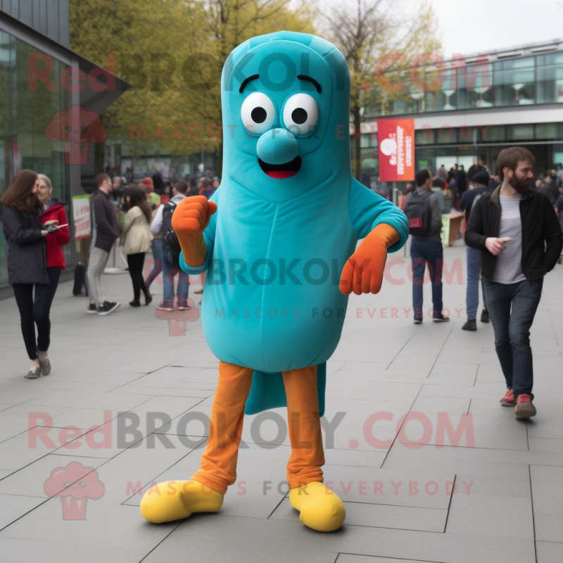 Turquoise Currywurst mascot costume character dressed with a Jeggings and Foot pads