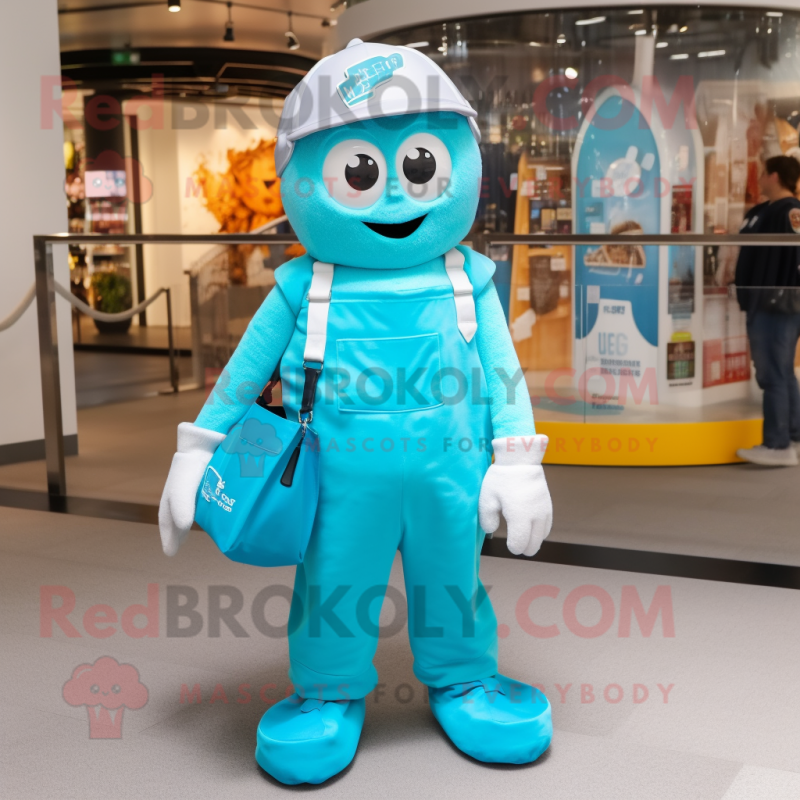 Turquoise Ice mascot costume character dressed with a Dungarees and Tote bags
