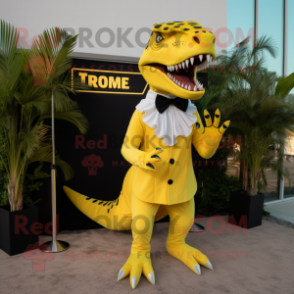Lemon Yellow T Rex mascot costume character dressed with a Evening Gown and Suspenders