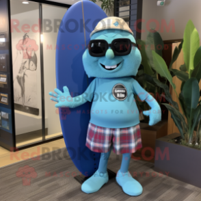 Blue Chief mascot costume character dressed with a Board Shorts and Eyeglasses