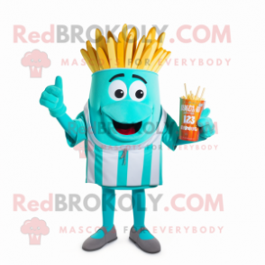 Turquoise French Fries mascot costume character dressed with a Suit and Headbands