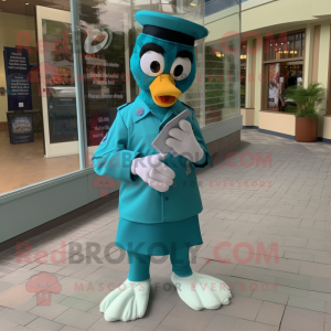 Teal Love Letter mascot costume character dressed with a Windbreaker and Cufflinks