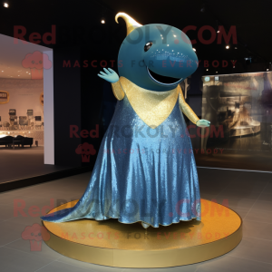 Gold Blue Whale mascot costume character dressed with a Dress and Rings