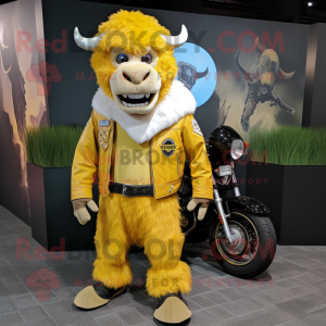 Lemon Yellow Buffalo mascot costume character dressed with a Moto Jacket and Coin purses