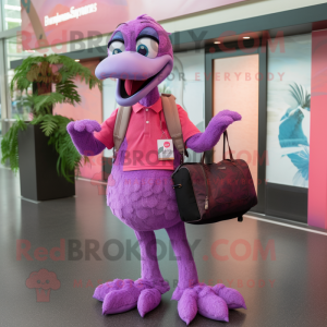 Purple Flamingo mascot costume character dressed with a Joggers and Handbags