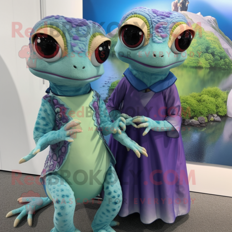 nan Geckos mascot costume character dressed with a Maxi Dress and Rings