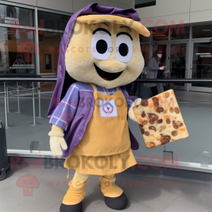 Lavender Grilled Cheese Sandwich mascot costume character dressed with a Parka and Messenger bags