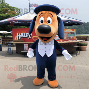 Navy Hot Dogs mascot costume character dressed with a Suit Jacket and Hair clips