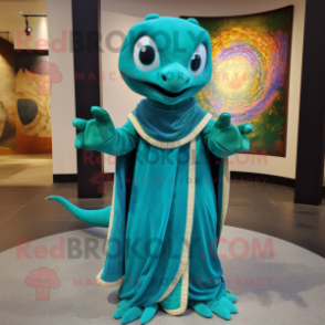 Teal Geckos mascot costume character dressed with a Circle Skirt and Shawl pins