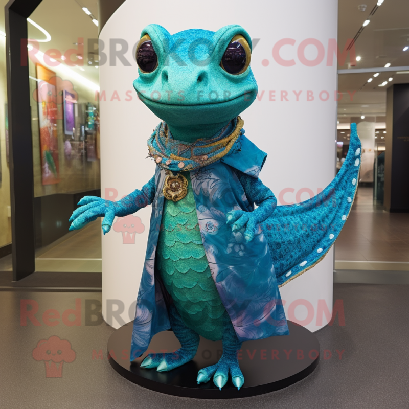 Teal Geckos mascot costume character dressed with a Circle Skirt and Shawl pins