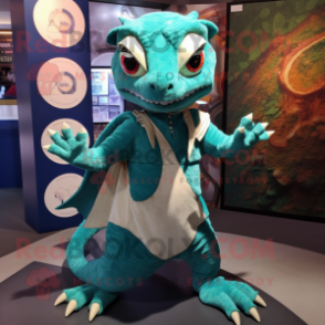 Teal Geckos mascot costume character dressed with a Circle Skirt and Shawl pins