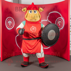 Red Celtic Shield mascot costume character dressed with a Dungarees and Wallets